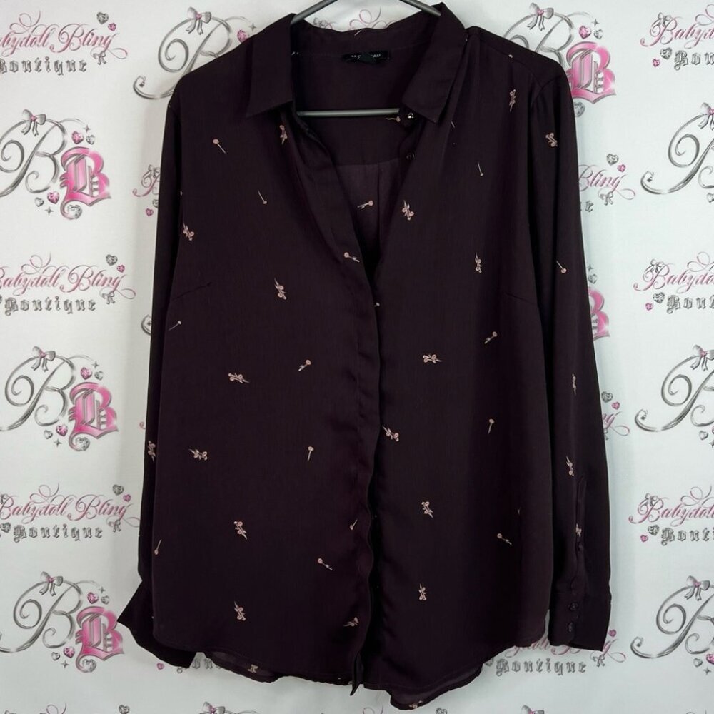Le Chateau button up floral embroidered Dark Purple Blouse with Subtle Patterns